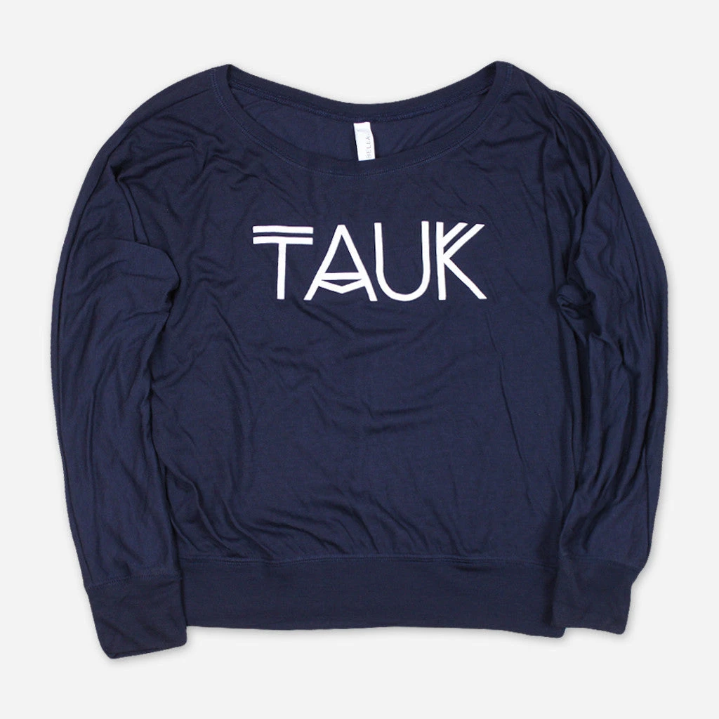 TAUK Logo Womens Navy Flowy Long Sleeve Shoulder T-Shirt 1 TAUK Logo Womens Navy Flowy Long Sleeve Shoulder T-Shirt