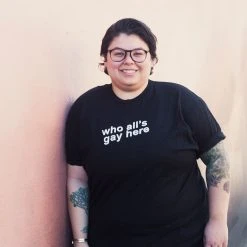 Autostraddle New Merch Who All’s Gay Here Black Tee